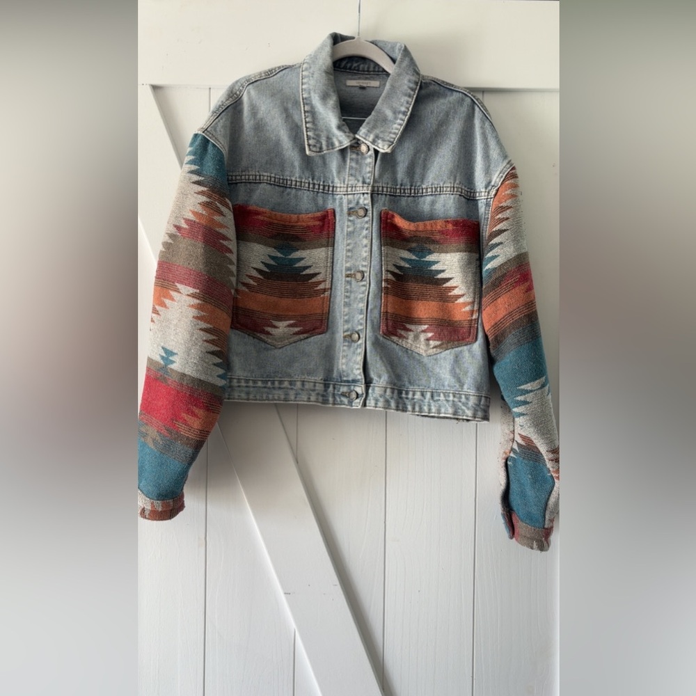 Light Wash Denim Jacket with Southwestern Multicolor Panels
